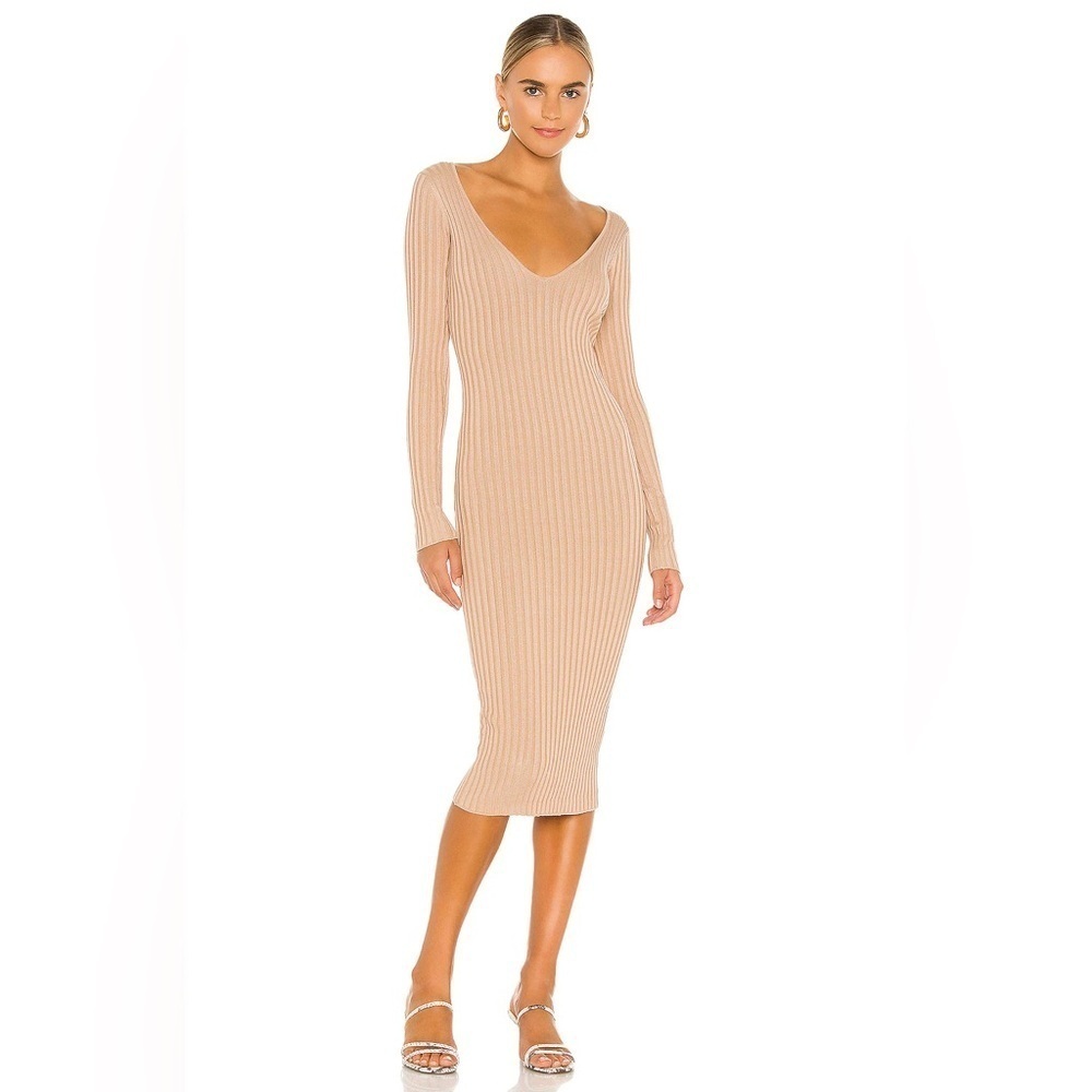 REVOLVE NBD Bekah Deep V Midi Dress in Nude medium B34